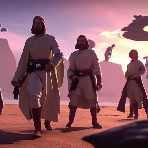 Image similar to a group of Jedi on the planet Felucia, cinematic