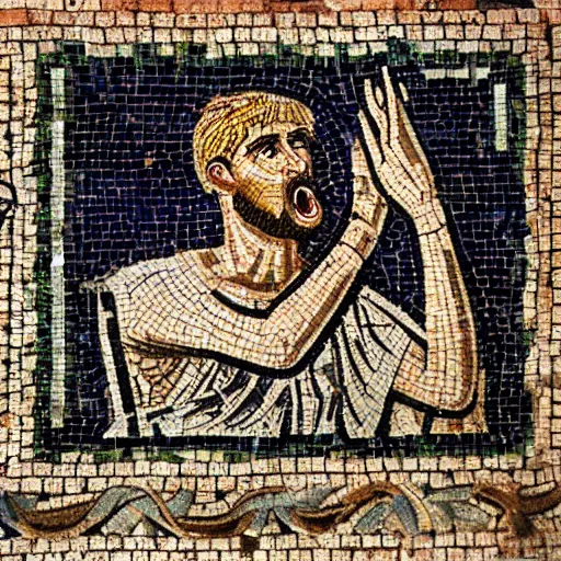 Prompt: ancient roman mosaic of a guy yelling at his computer, highly detailed, high quality, high resolution