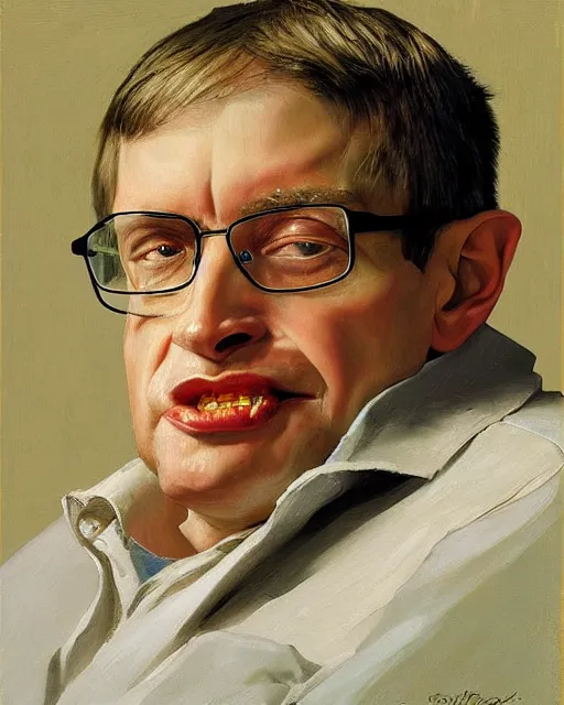 Image similar to painterly portrait, stephen hawking, impasto, fantasy, chuck close:7, carl spitzweg:7, cinematic light, full face, symmetrical face