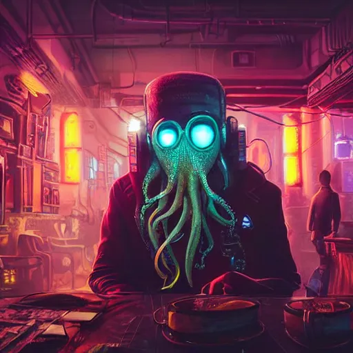 Image similar to a high quality portrait of octopus Davy Jones in a cyberpunk cyberpunk cyberpunk cafe, realism, 8k, award winning photo