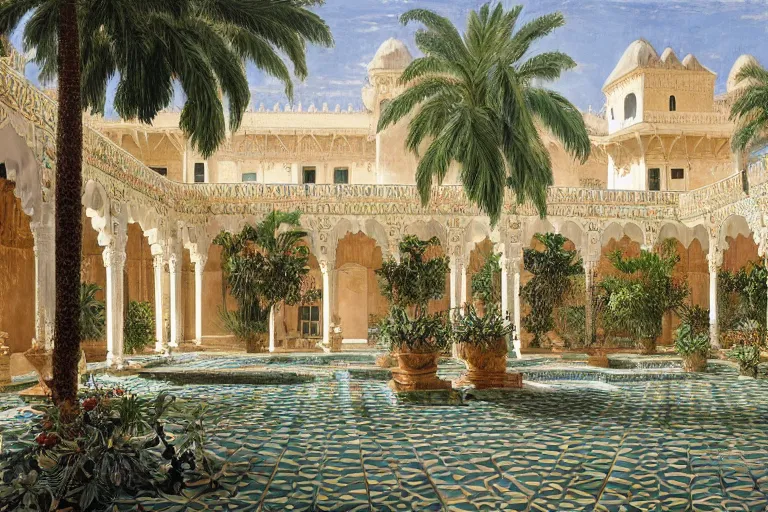 Image similar to painting of a beautiful moorish palace courtyard garden, by ludwig deutsch, patterned tilework, palm trees, tiled fountains, extremely detailed, cinematic lighting, smooth sharp focus