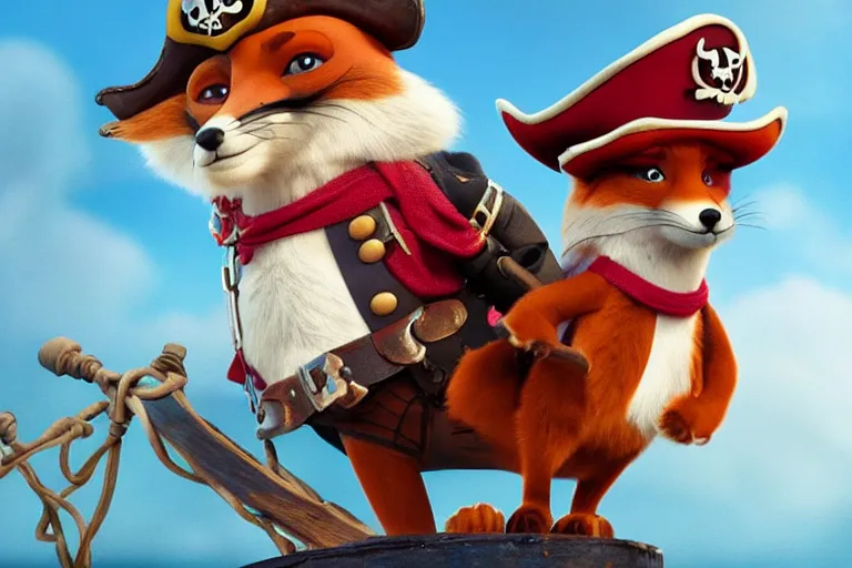 Prompt: promotional image of a fox as a pirate captain in the new pixar movie, very detailed face, movie still frame, promotional image, imax 70 mm footage, oil painting, illustration, concept art