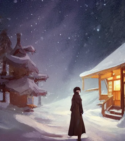 Prompt: full body portrait of a beautiful girl in a coat and bra, snow - covered small house in a background, night, stars in the sky, the milky way in the sky, winter landscape, painting by craig mullins, octane rendering, wide angle lens, in the style of hayao miyazaki, trending on artstation,