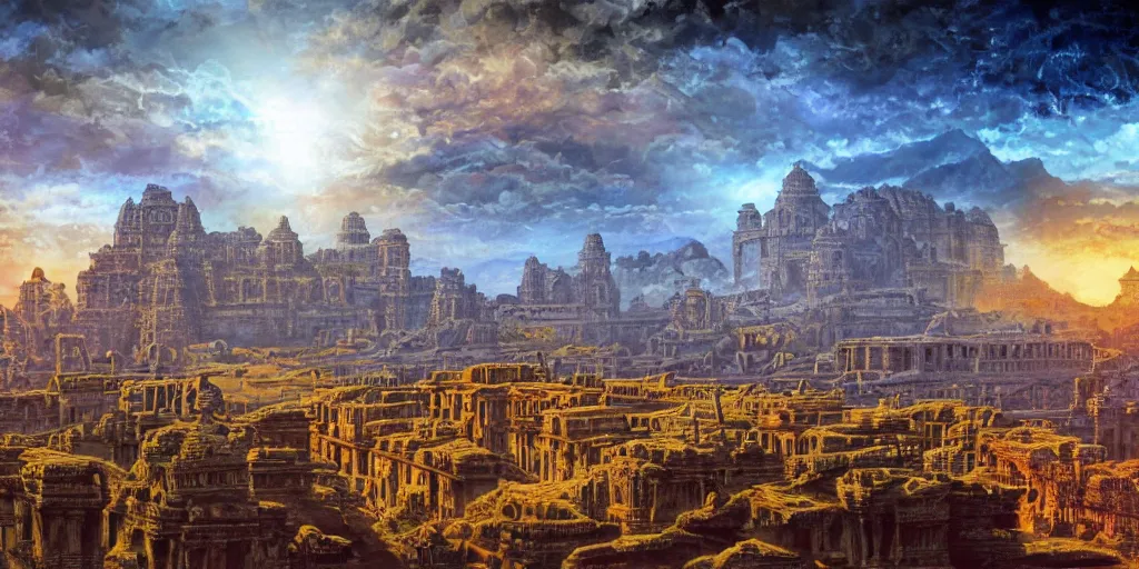 Image similar to fantasy oil painting, mega structure city, kailasa temple, ellora, angkor wat, hybrid, looming, small buildings, warm lighting, street view, silhouetted figure standing overlooking, space port city, epic, distant mountains, bright clouds, luminous sky, cinematic lighting, michael cheval, david palladini, artstation, oil painting, natural tpose