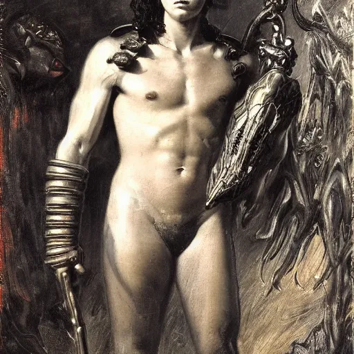 Image similar to a young man wearing a black armor holding the head of a predator, highly detailed painting by gaston bussiere and j. c. leyendecker 8 k the black armor is made by gustave dore