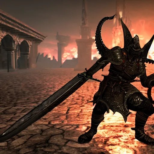 Prompt: demon souls warrior woman sword large dragon, 4 k highly detailed raytracing wide angle