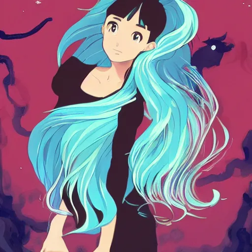 Image similar to ariana grande, flowing hair. in the style of studio ghibli, trending on artstation, emerald herald