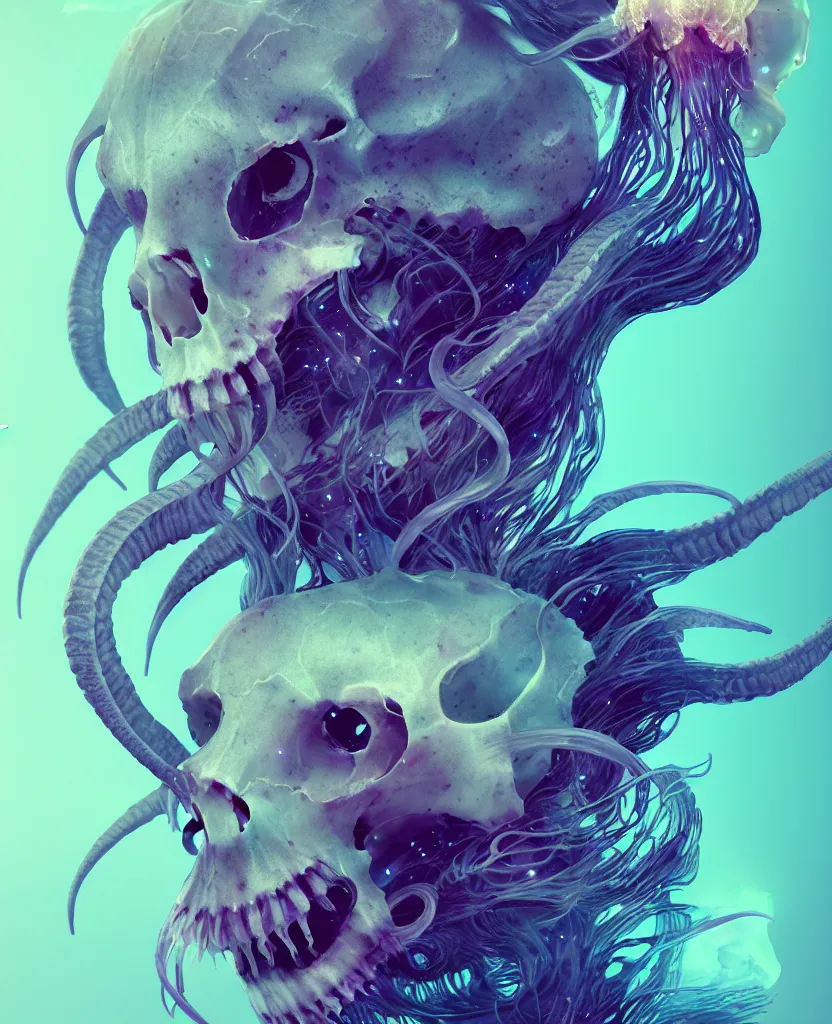 Image similar to goddess close-up portrait goat skull. jellyfish phoenix head, nautilus, orchid, skull, betta fish, bioluminiscent creatures, intricate artwork by Tooth Wu and wlop and beeple. octane render, trending on artstation, greg rutkowski very coherent symmetrical artwork. cinematic, hyper realism, high detail, octane render, 8k