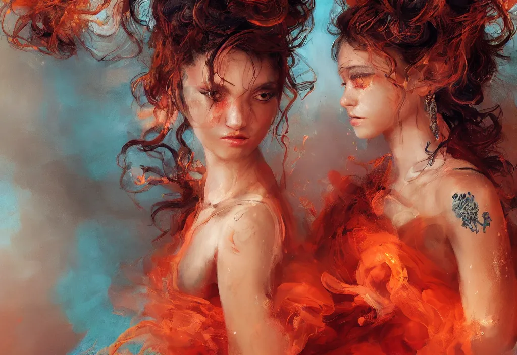 Prompt: full body portrait of a duo of 1 9 years old girl figures, curly messy high bun hairstyle, oriental tattoos, jewelry, subject wearing a high fashion gown, flowing, beautiful, dramatic, cinematic lighting, orange, taupe, fire red, few vivid turquoise highlights, by ross tran and jeremy mann, artstation, pixiv, oil on canvas