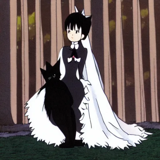 Image similar to a black cat wearing a white wedding dress, Miyazaki, studio ghibli