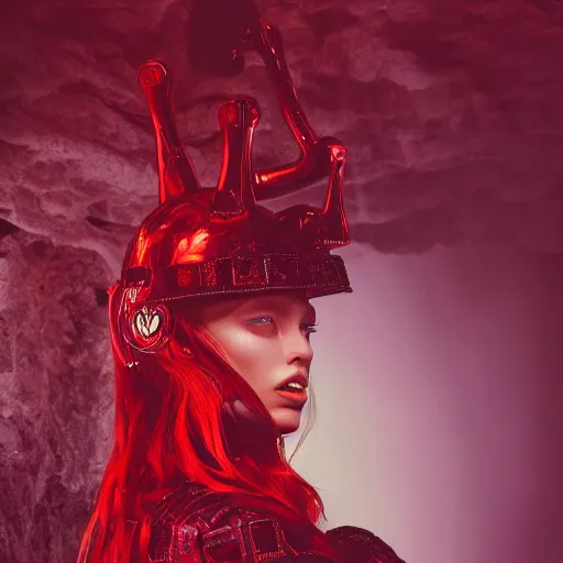 Image similar to female fashion model in year 3000 in a cave, model wearing a surreal Avant-garde helmet in red, dramatic lighting,photography , official Versace editorial , highly detailed