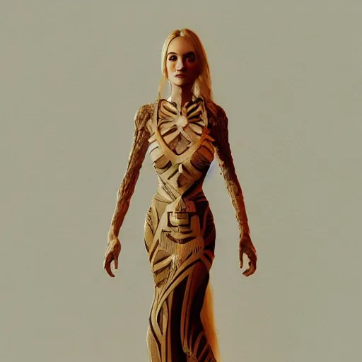 Image similar to beautiful girl in a dress made of wood, beautiful portrait, symmetrical, character concept style trending on artstation concept art detailed octane render cinematic photo - realistic 8 k high detailed