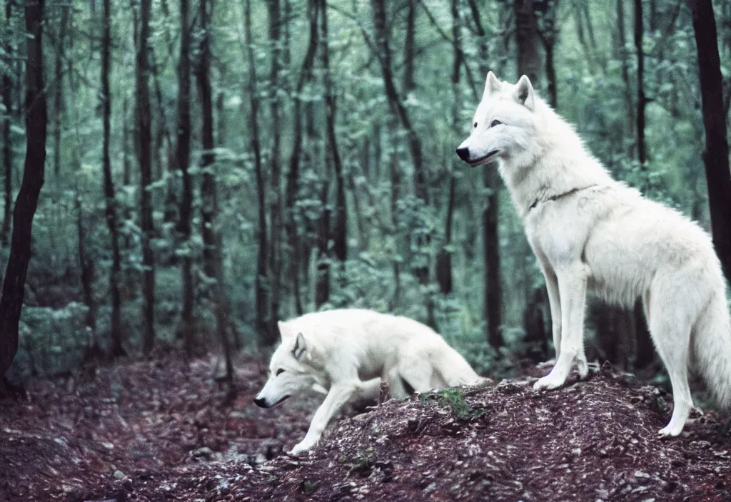 Image similar to lomo photo of a white wolf in a dense forest, cinestill, bokeh, out of focus