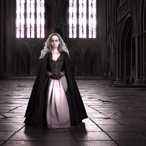 Image similar to emilia clarke as a female demon in a gloomy gothic cathedral at night