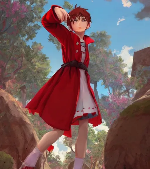 Image similar to attractive little boy character inspired in little red riding hood and venti from genshi impact, digital artwork made by akihiko yoshida and makoto shinkai