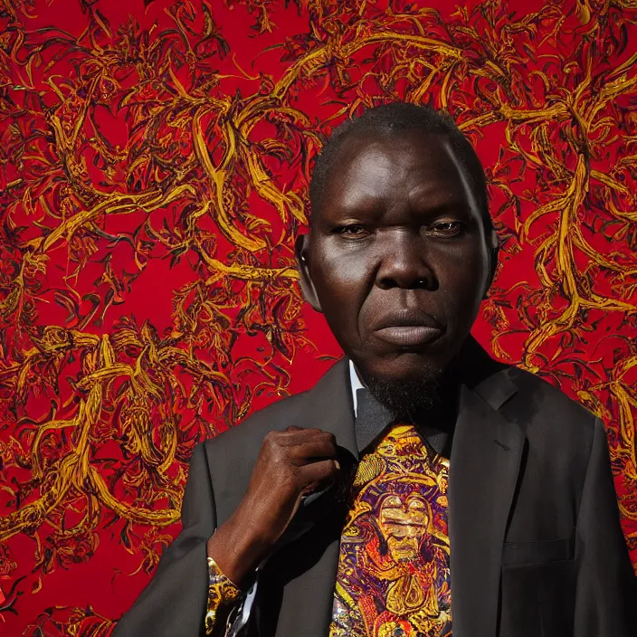 Image similar to a painting of a XXL wise elder from Kenya in a suit by Kehinde Wiley . dramatic angle, ethereal lights, details, smooth, sharp focus, illustration, realistic, cinematic, artstation, award winning, rgb , unreal engine, octane render, cinematic light, macro, depth of field, blur, red light and clouds from the back, highly detailed epic cinematic concept art CG render made in Maya, Blender and Photoshop, octane render, excellent composition, dynamic dramatic cinematic lighting, aesthetic, very inspirational, arthouse.