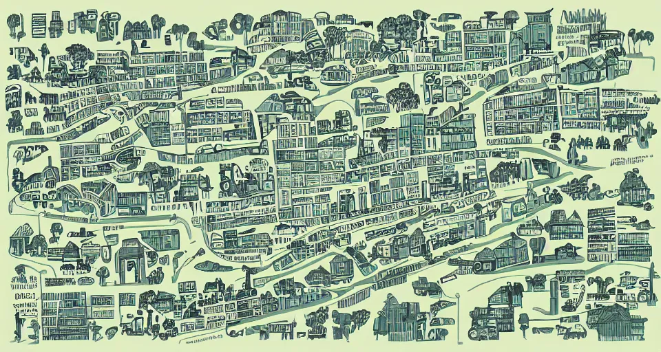 Image similar to infographic map, illustration, industrial buildings, farms, people, roads connecting everything, doodle art, line art