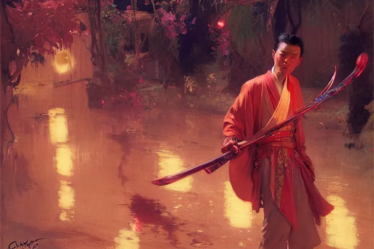 Prompt: wuxia, summer, attractive male, neon light, painting by gaston bussiere, craig mullins, j. c. leyendecker