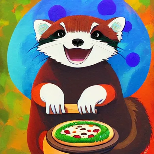 Image similar to a jeremiah ketner and studio ghibli acrylic impasto! painting! of a crying, sad and adorable and cute raccoon eating pizza