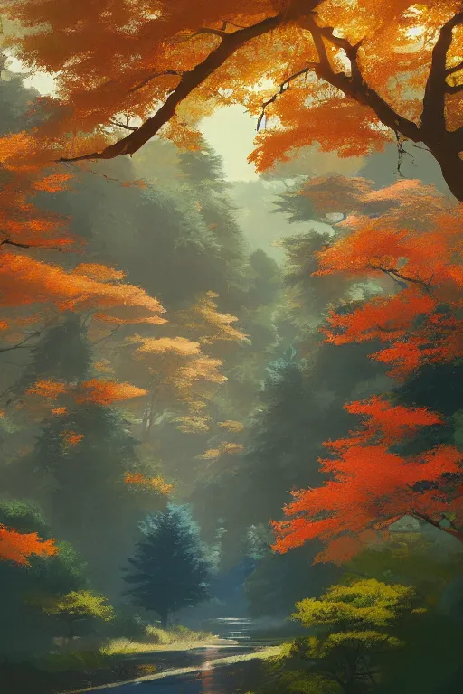 Image similar to traditional Japanese Torii in a colorful moutain with trees ,morning , by Grzegorz Rutkowski, concept art