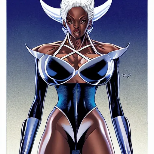 Image similar to portrait of ororo from xmen, symmetrical, by yoichi hatakenaka, masamune shirow, josan gonzales and dan mumford, deayami kojima, takato yamamoto, barclay shaw, karol bak, yukito kishiro