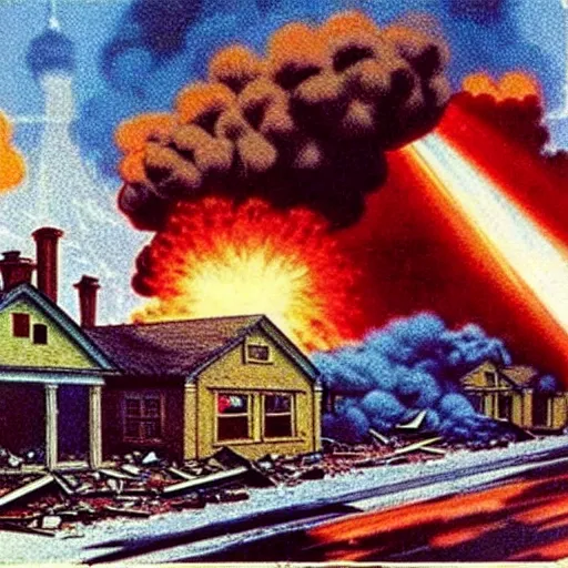 Image similar to color photo from the 80s, the shelling of a house in New York by Soviet soldiers, epic style, a bunch of explosions, realistic style