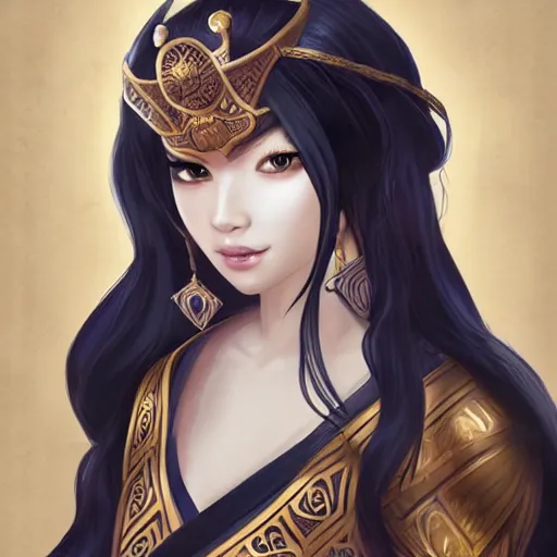 Image similar to ancient asian dynasty princess, three kingdom, dynasty warriors, cute face, standing in an oasis in the desert, comics, beautiful, elegant, headshot, long black hair, digital painting, smooth, concept art