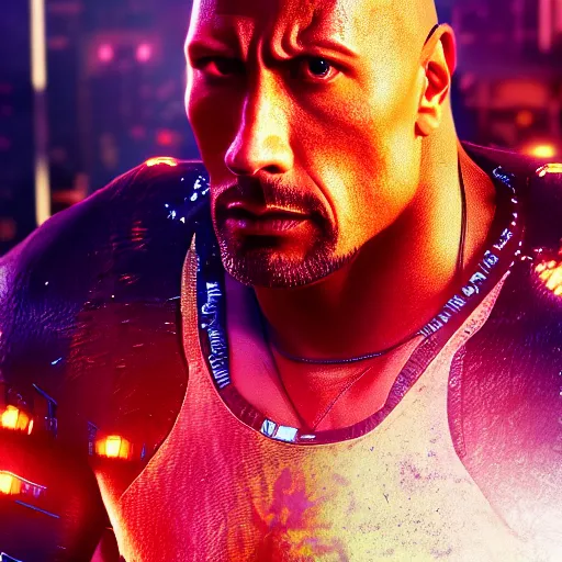 Prompt: dwayne johnson portrait, cyberpunk 2 0 7 7, cyberpunk v, johnny silverhand, photorealistic, ultra detailed, neon, octane, bokeh, cinematic lighting, cyber, cyberpunk city, studio quality, feature, scars, cyberface, 8 k