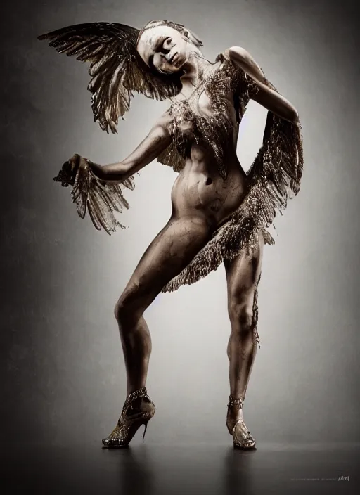 Image similar to expressive full body photo of an angels dancing, glamour shot, by jenny saville, by stefan gesell, photorealistic, canon r 3, fashion photography, hyper maximalist, elegant, ornate, luxury, elite, environmental portrait, symmetrical features, octane render, unreal engine, solid dark grey background, dramatic lights