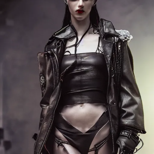 Prompt: kodak portra 4 0 0 cyberpunk fashion show, leather, wires machines, skulls!! highly detailed, sharp focus, octane render, ethereal, otherworldly colors, atmospheric, soft light, dreamy, volumetric lighting unreal engine!!!