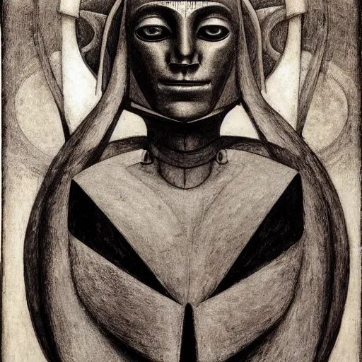 Image similar to portrait of a robot shaman, by annie swynnerton and edward hopper and jean delville and rufino tamayo and evelyn de morgan, art deco shaman, stylized geometric flowers, art brut, outsider art, symbolist, dramatic lighting, god rays, clean crisp graphics, smooth sharp focus, extremely detailed, adolf wolfli