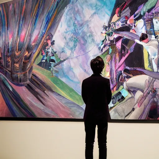 Image similar to art curator looking at a screen with a painting of a dream haze, recursive, on stage in the middle of a fashion show, in the style of grand chamaco and stanley kubrick, inspired by evangelion, photorealistic, epic, super technical, cinematic still