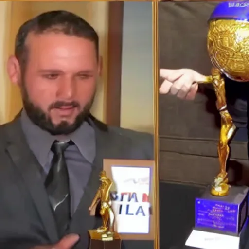 Prompt: man accidentally breaks his most pathetic man trophy.