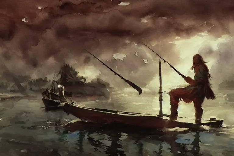 Image similar to paint brush strokes, abstract watercolor painting of rustic fishing village, viking age, ambient lighting, art by hans dahl, by jesper ejsing, art by anders zorn, wonderful masterpiece by greg rutkowski, cinematic light, american romanticism by greg manchess, creation by tyler edlin