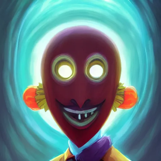 Prompt: a portrait of the happy mask salesman from majora's mask, art by lois van baarle and loish and ross tran and rossdraws and sam yang and samdoesarts and artgerm and saruei and disney, digital art, highly detailed, intricate, sharp focus, trending on artstation hq, deviantart, unreal engine 5, 4 k uhd image