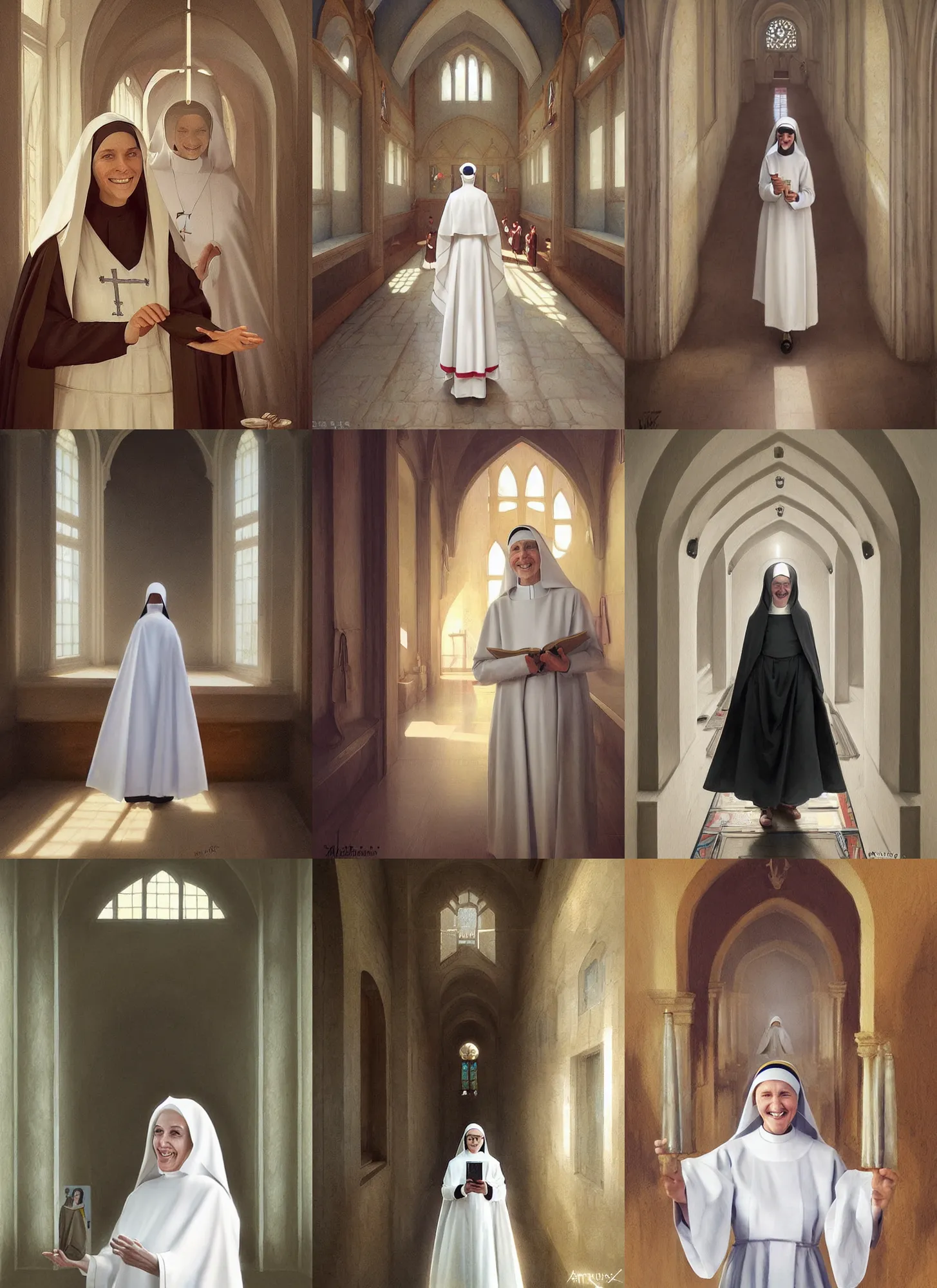 Prompt: daily life portrait of a beaming nun inside a convent. highly detailed painting. art by artgerm and greg rutkowski