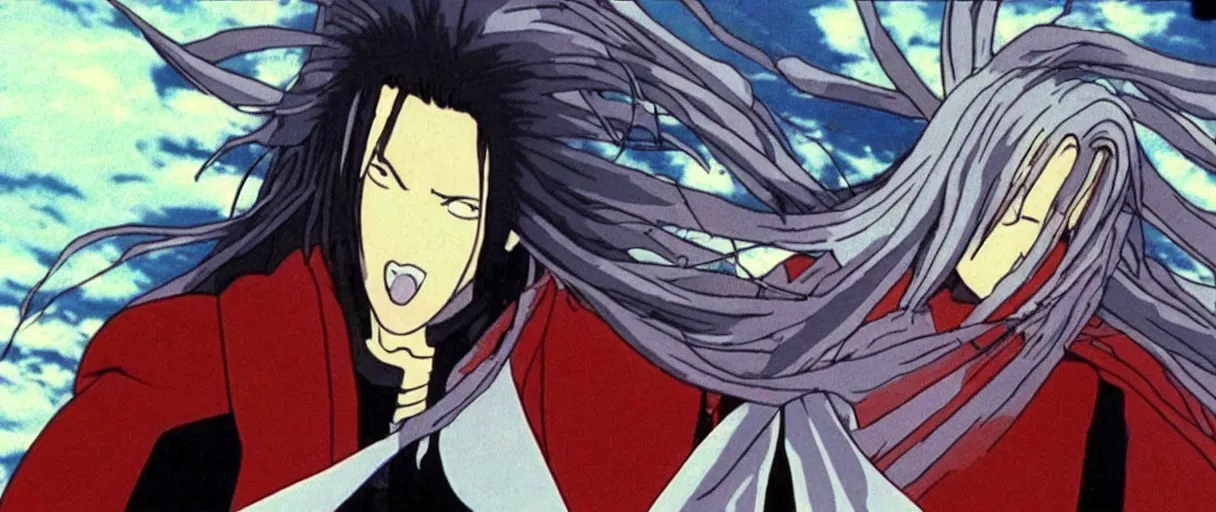 Image similar to “still frame of Sephiroth in 1988 anime film Akira by Katsuhiro Otomo, screenshot, color”