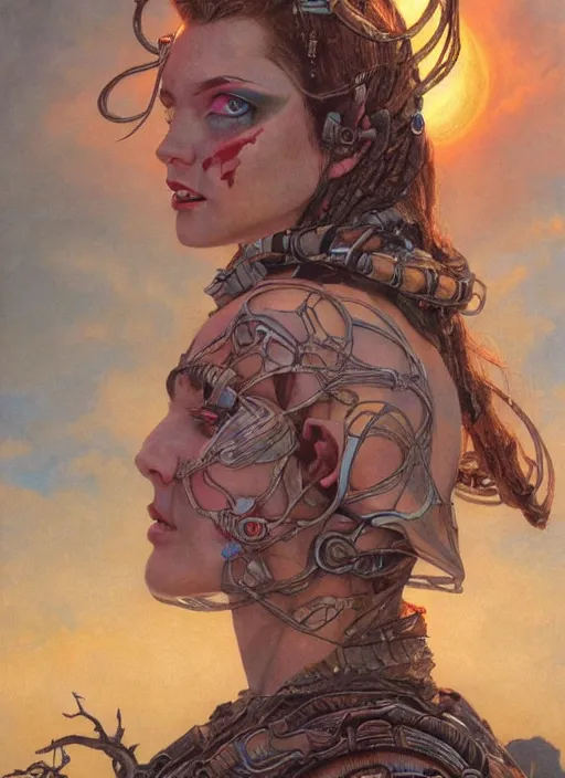 Image similar to biblical shy beautiful female druid android, heavy eyes to the side, closeup, bright glowing veins, in clouds, sunset, portrait, by gerald brom, by mikhail vrubel, by peter elson, muted colors, extreme detail, reflections, trending on artstation, 8 k