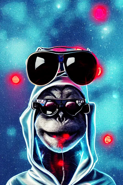 Prompt: cyber monkey in the hoodie with with sunglasses hacking the system during the night with a blue red syren lights, lunarpunk, cinematic, ultra detailed, hyperrealistic