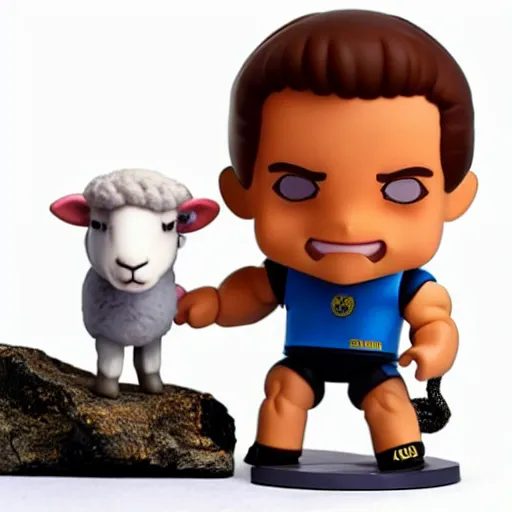 Image similar to arnold schwarzenegger lifting a sheep as nendoroid!, kodak film