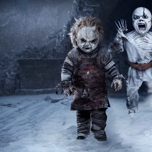 Image similar to screaming chucky doll as the white walkers on game of thrones octane render