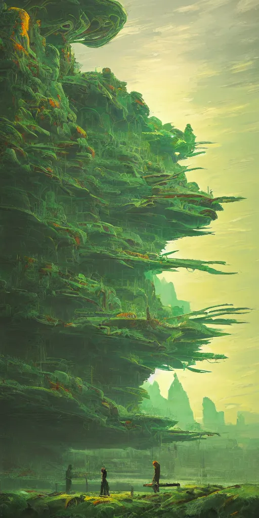 Prompt: the green samurai!!! a highly detailed cinematic oil painting by roger dean and alena aenami, dynamic lighting