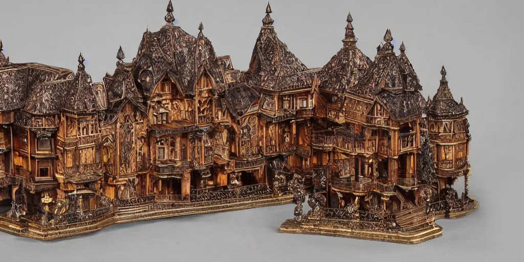 Prompt: an incredibly hyper realistic photorealistic polished sandalwood & rosewood gothic hotel encrusted with fine detailed intricate priceless gems & jewels