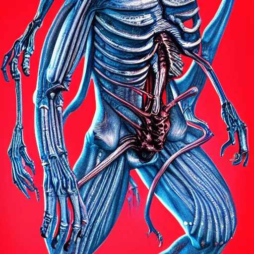 Prompt: anatomically correct diagram of 4 legged alien, hyperrealistic rendering, h. r. giger, perfection, red and blue, smoke in air, monster, scary, beautiful, high detail, cinematic