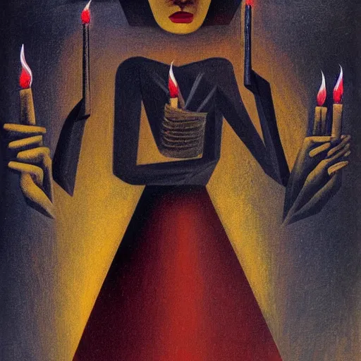 Prompt: highly detailed figure of a mad woman with candles on finger walking midair by remedios varo