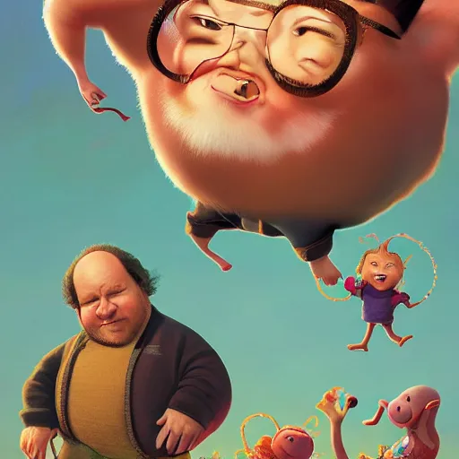 Prompt: Danny Davito, pixar cute, highly detailed, sharp focus, neon color, digital painting, floating particles, excitement, artwork by Jeremiah Ketner + Mati Klarwein + Fintan Magee + Chris Mars, background artwork by greg rutkowski