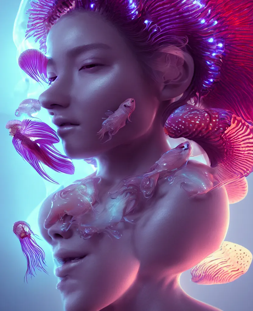 Image similar to goddess close-up portrait. orchid jellyfish phoenix head, nautilus, skull, betta fish, bioluminiscent creatures, intricate artwork by Tooth Wu and wlop and beeple. octane render, trending on artstation, greg rutkowski very coherent symmetrical artwork. cinematic, hyper realism, high detail, octane render, 8k