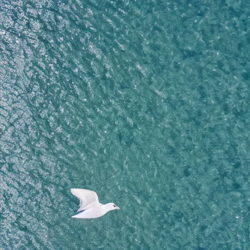 Image similar to simmetrical photo of a seagull flying seen exactly from above. Watching down. Seagull seen from above. 4k still award winning. Pleasant look and colors. Sea on the background.