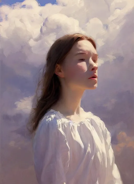 Image similar to portrait of girl dressed in white clothes , countryside, fantasy character portrait, dynamic pose, above view, view from above, sunny day, thunder clouds in the sky, artwork by Jeremy Lipkin and Giuseppe Dangelico Pino and Michael Garmash and rob rey, very coherent symmetrical artwork, perfect face, simple form, 100mm