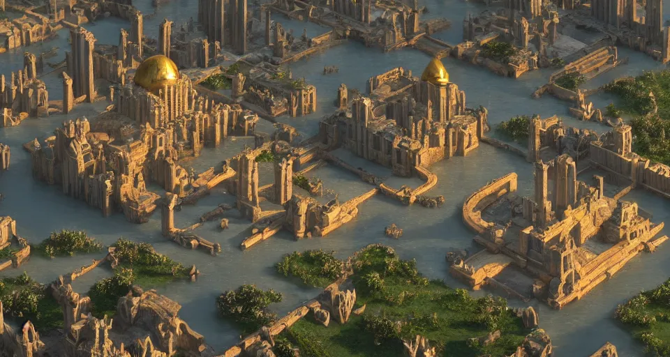 Prompt: ancient city of atlantis with big buildings in gold, asgard, fantasy, magical, cinematic, establishing shot, eye level, wide angle, epic scale, raytracing, volumetric lighting, extremely detailed, sharp focus, coherent